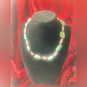 Southwest Style Hand Strung Turquoise. Coral & Silver Choker Beaded Necklace 16”